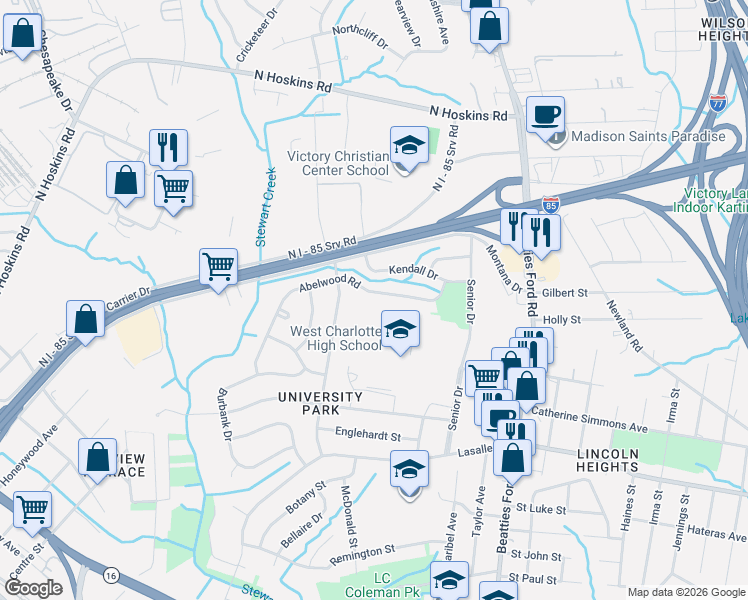 map of restaurants, bars, coffee shops, grocery stores, and more near 2544 Abelwood Road in Charlotte
