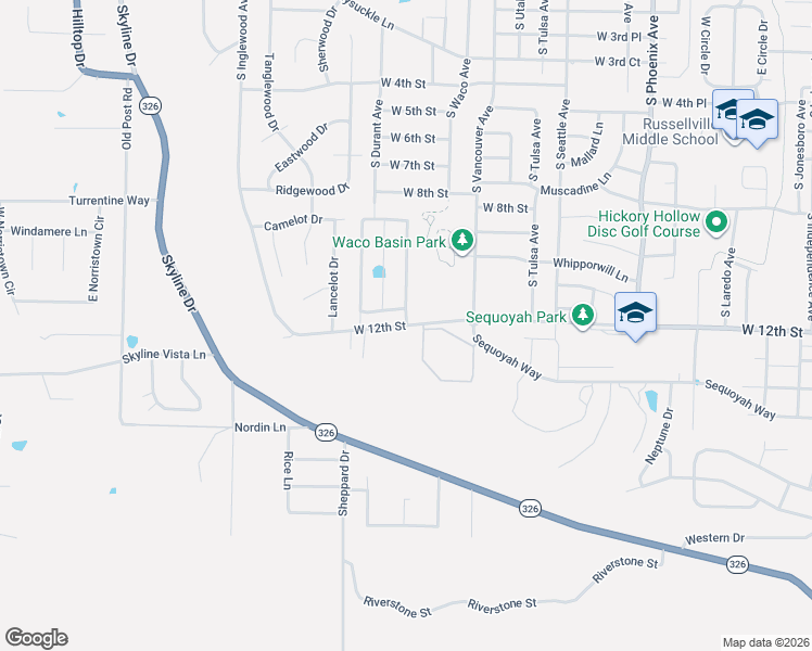 map of restaurants, bars, coffee shops, grocery stores, and more near 2607 West 12th Street in Russellville