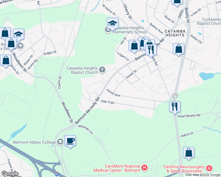 map of restaurants, bars, coffee shops, grocery stores, and more near 103 Ferstl Avenue in Belmont