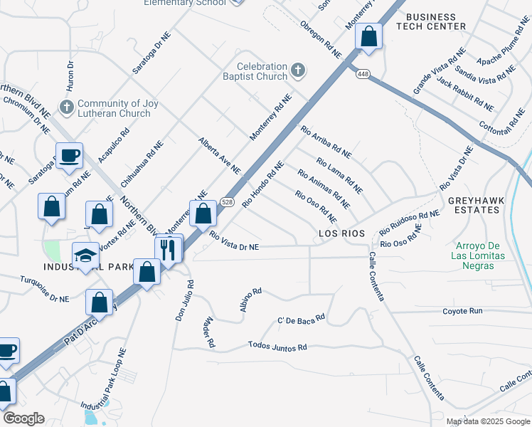 map of restaurants, bars, coffee shops, grocery stores, and more near 5704 Rio Mimbres Road Northeast in Rio Rancho