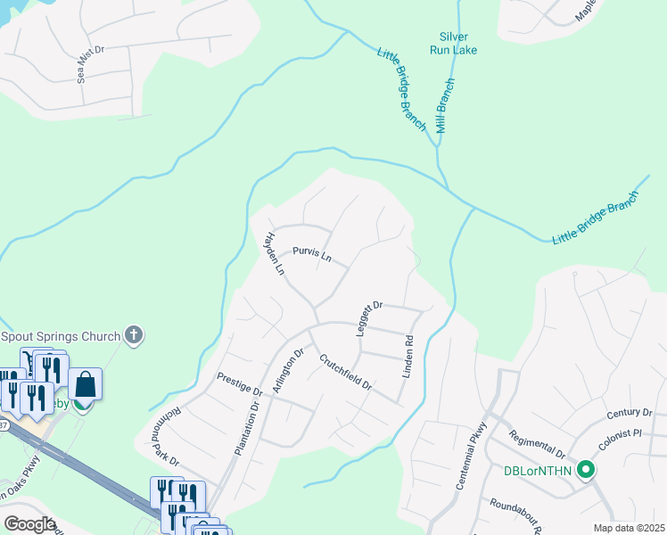 map of restaurants, bars, coffee shops, grocery stores, and more near 25 Purvis Lane in Cameron