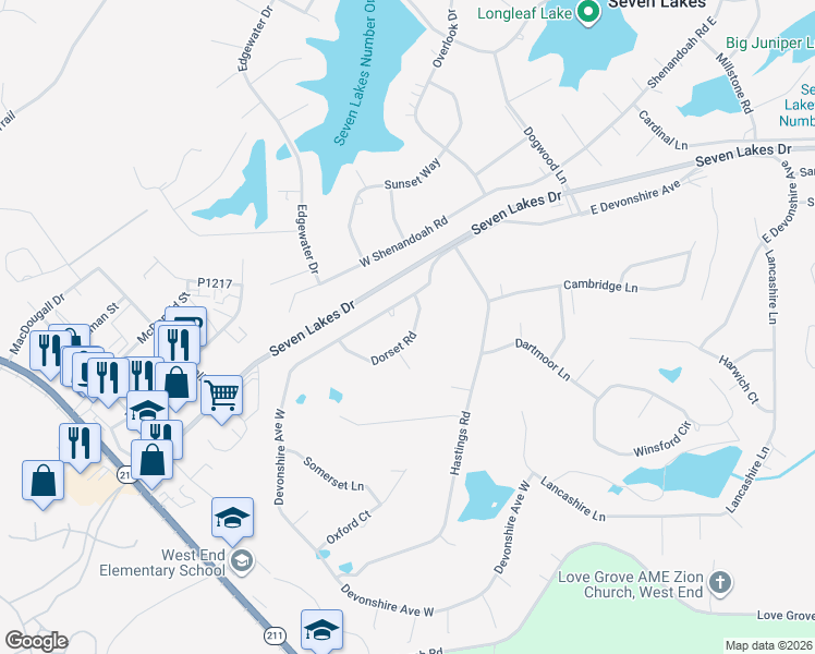 map of restaurants, bars, coffee shops, grocery stores, and more near 143 Devonshire Avenue West in Seven Lakes