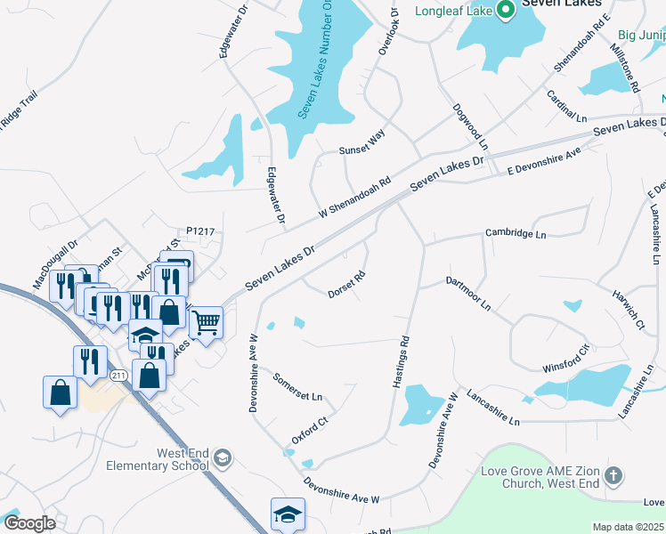 map of restaurants, bars, coffee shops, grocery stores, and more near 145 Devonshire Avenue West in Seven Lakes