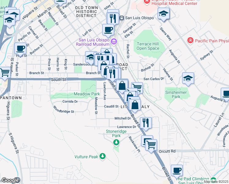 map of restaurants, bars, coffee shops, grocery stores, and more near 2303 Broad Street in San Luis Obispo