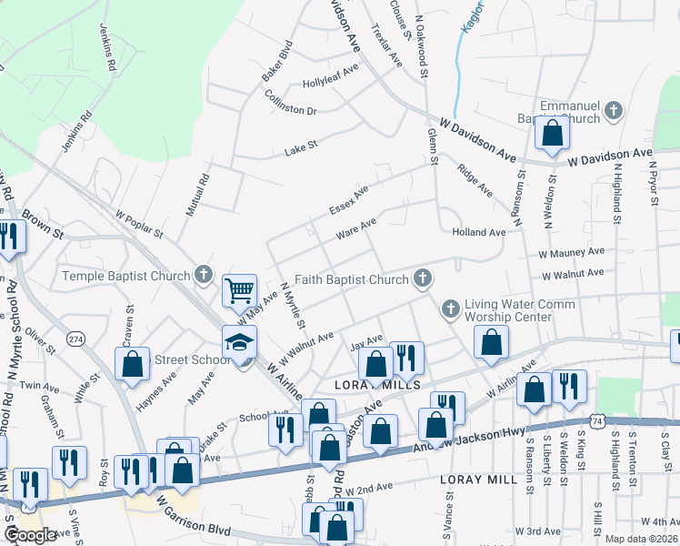 map of restaurants, bars, coffee shops, grocery stores, and more near 524 Scruggs St in Gastonia