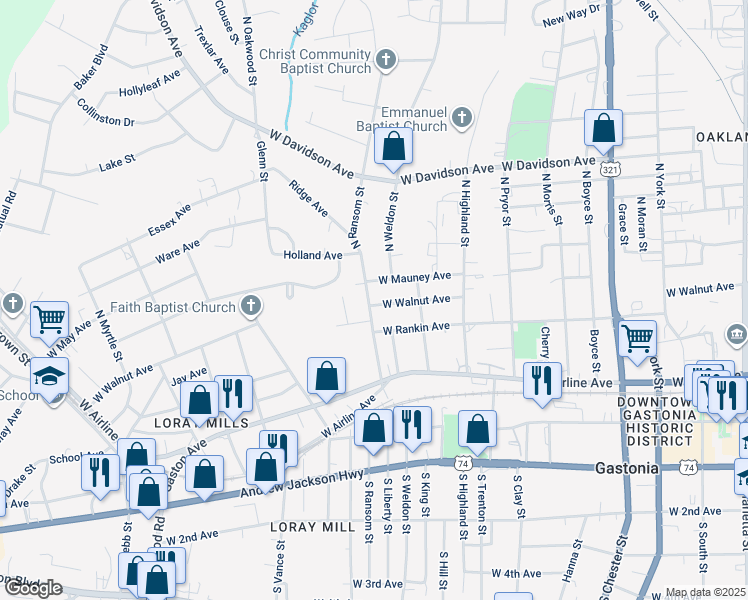 map of restaurants, bars, coffee shops, grocery stores, and more near 936 West Walnut Avenue in Gastonia