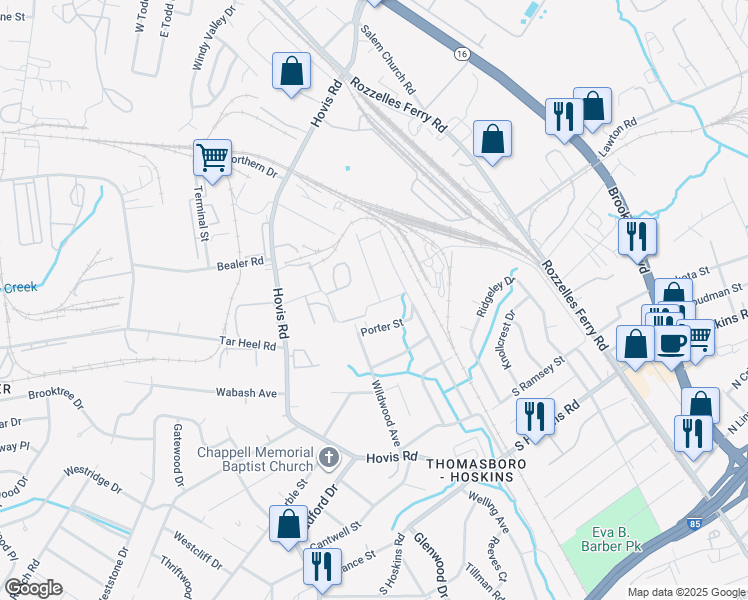 map of restaurants, bars, coffee shops, grocery stores, and more near 4901 Winchester Street in Charlotte