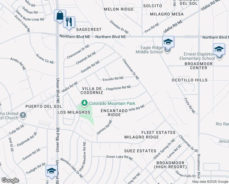 map of restaurants, bars, coffee shops, grocery stores, and more near 2324 Flagstone Road Northeast in Rio Rancho