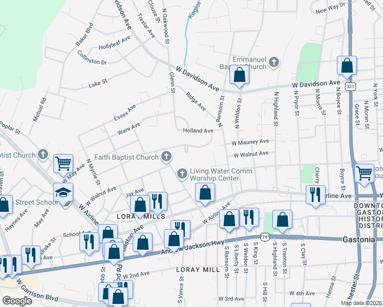 map of restaurants, bars, coffee shops, grocery stores, and more near 1029 Mauney Circle in Gastonia