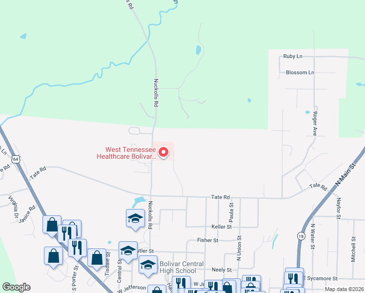 map of restaurants, bars, coffee shops, grocery stores, and more near 520 Pecan Drive in Bolivar