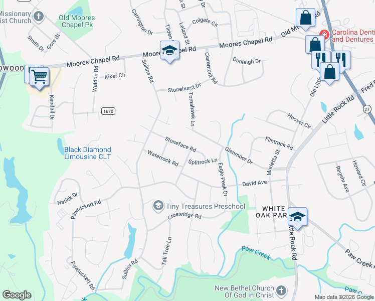 map of restaurants, bars, coffee shops, grocery stores, and more near 6421 Swift Arrow Lane in Charlotte