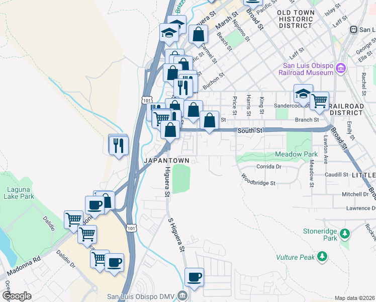 map of restaurants, bars, coffee shops, grocery stores, and more near 145 South Street in San Luis Obispo