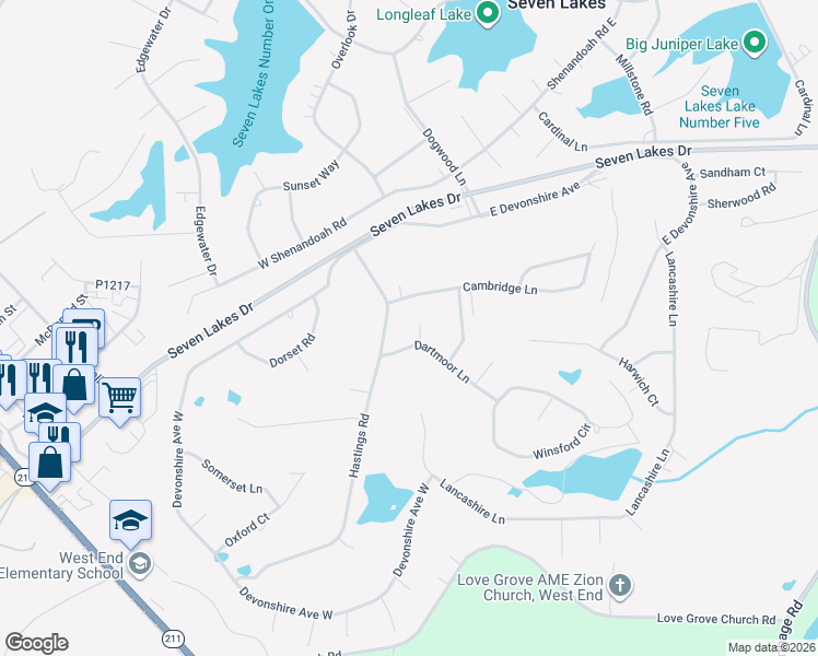 map of restaurants, bars, coffee shops, grocery stores, and more near 103 Tiverton Court in Seven Lakes