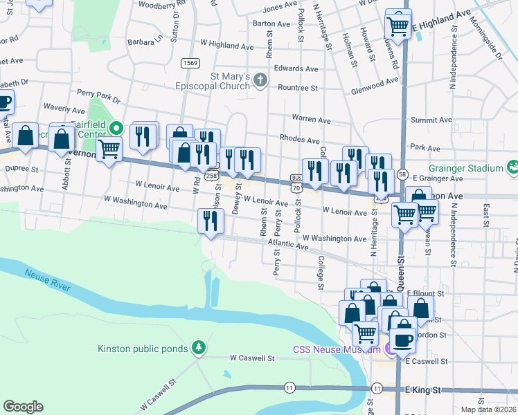 map of restaurants, bars, coffee shops, grocery stores, and more near 706 W Lenoir Ave in Kinston