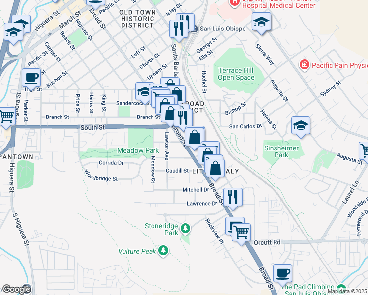 map of restaurants, bars, coffee shops, grocery stores, and more near 2305 Broad Street in San Luis Obispo