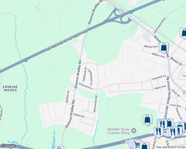 map of restaurants, bars, coffee shops, grocery stores, and more near 946 Canterbury Court in Gastonia