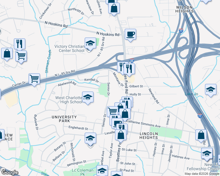 map of restaurants, bars, coffee shops, grocery stores, and more near 2424 Senior Drive in Charlotte