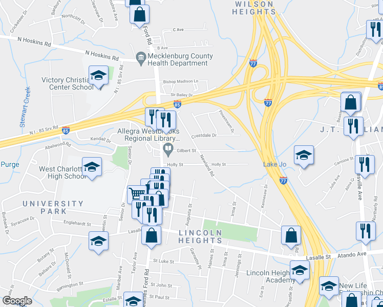 map of restaurants, bars, coffee shops, grocery stores, and more near 2111 Gilbert Street in Charlotte