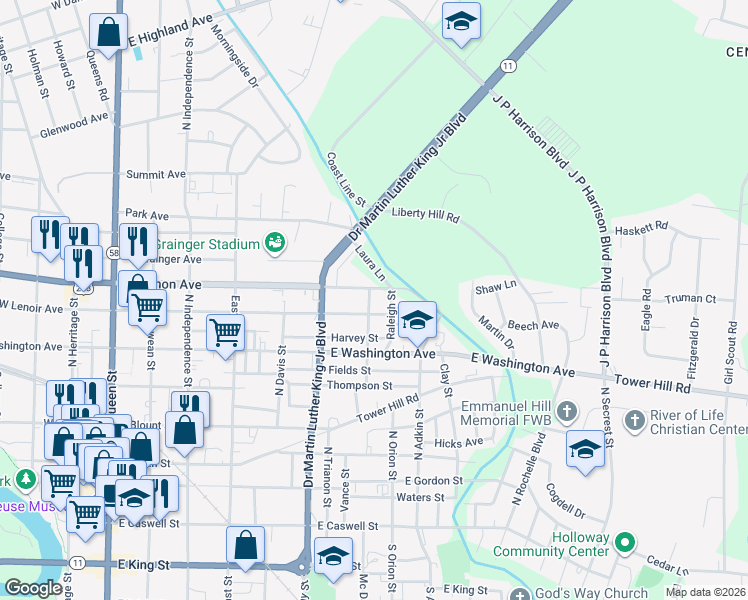 map of restaurants, bars, coffee shops, grocery stores, and more near 705 Quinerly Street in Kinston
