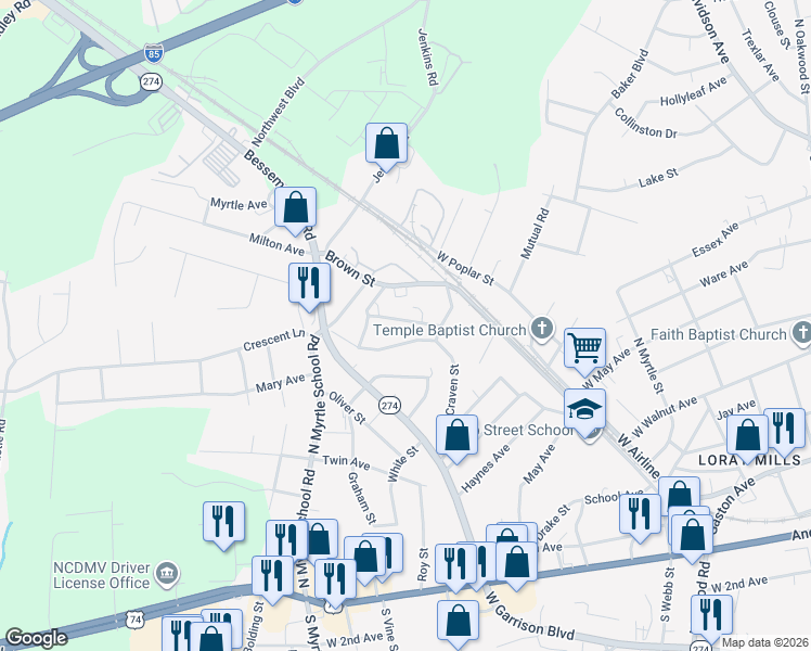 map of restaurants, bars, coffee shops, grocery stores, and more near 929 Brandon Street in Gastonia