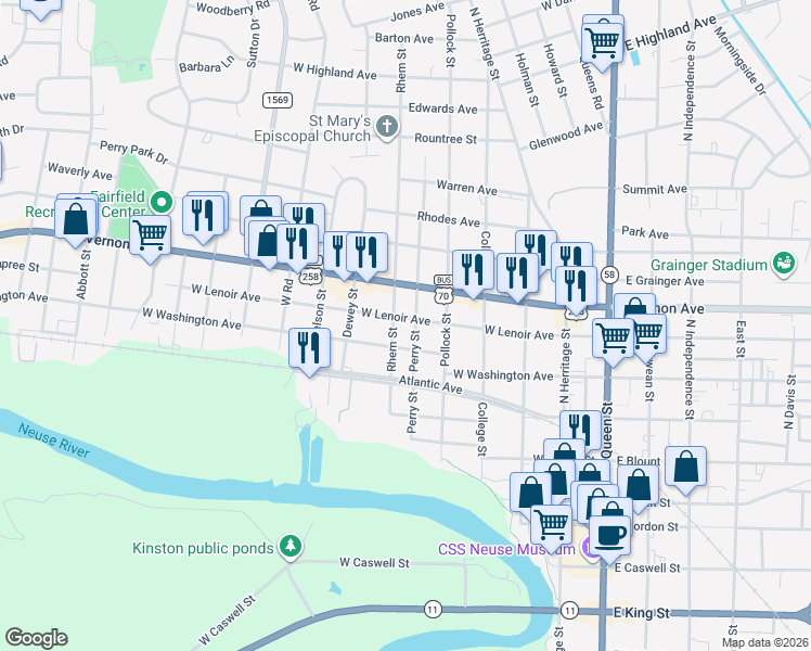 map of restaurants, bars, coffee shops, grocery stores, and more near 602A West Lenoir Avenue in Kinston