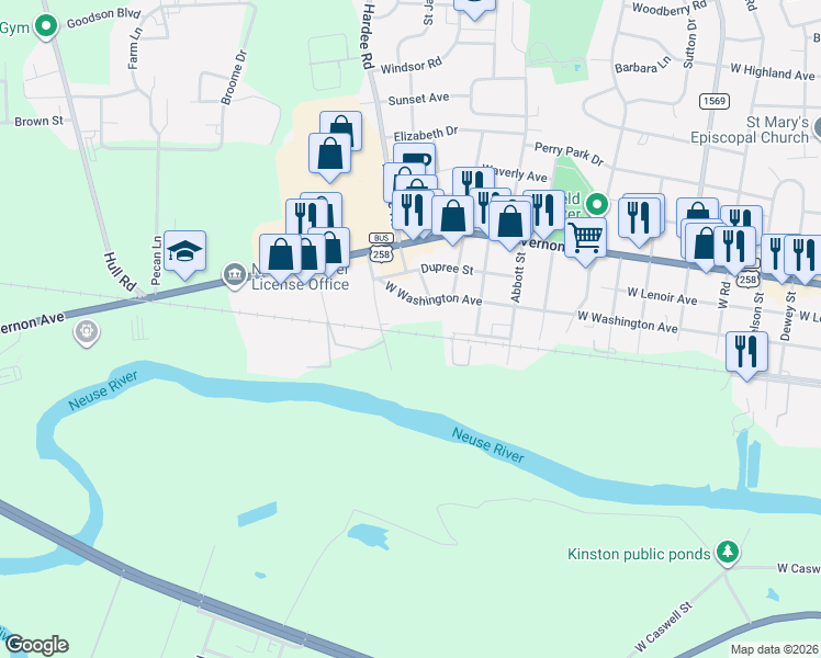 map of restaurants, bars, coffee shops, grocery stores, and more near 1712 Atlantic Avenue in Kinston