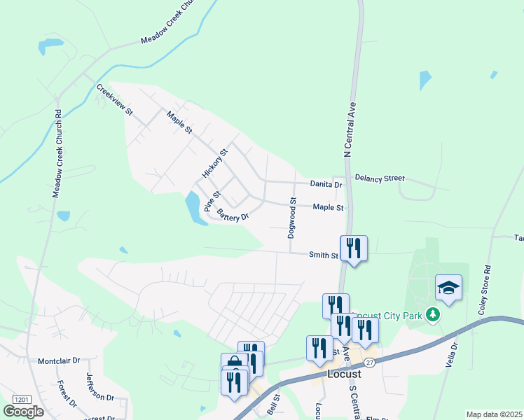 map of restaurants, bars, coffee shops, grocery stores, and more near 219 Maple Street in Locust