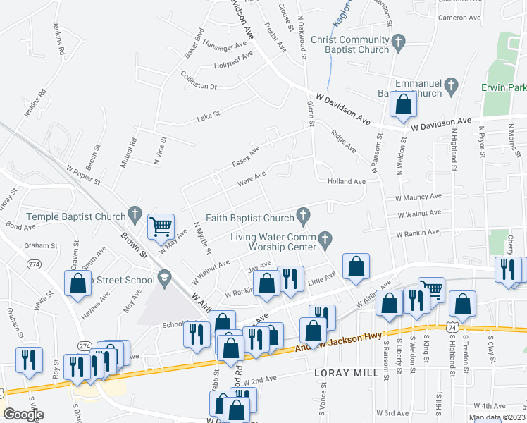 map of restaurants, bars, coffee shops, grocery stores, and more near 1206 West Mauney Avenue in Gastonia