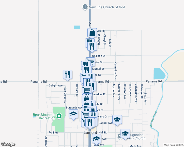 map of restaurants, bars, coffee shops, grocery stores, and more near 9517 Weedpatch Highway in Lamont