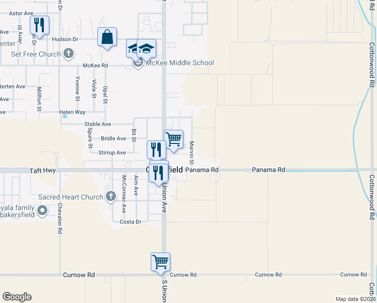 map of restaurants, bars, coffee shops, grocery stores, and more near 225 Garone Drive in Bakersfield