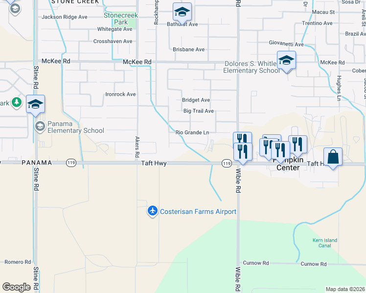 map of restaurants, bars, coffee shops, grocery stores, and more near 3703 Rio Lobo Lane in Bakersfield