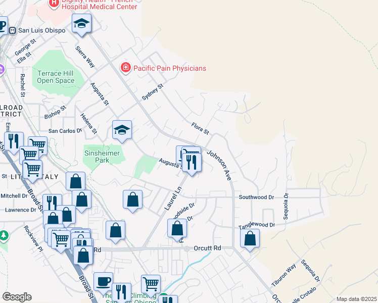 map of restaurants, bars, coffee shops, grocery stores, and more near in San Luis Obispo