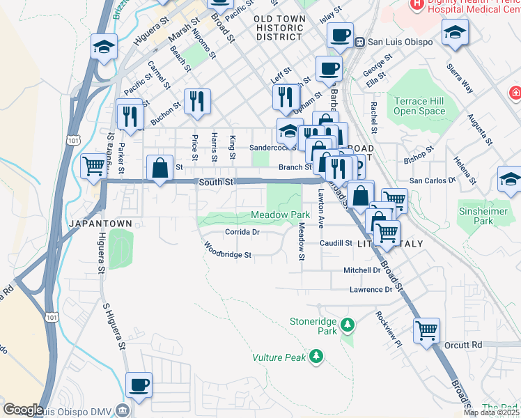map of restaurants, bars, coffee shops, grocery stores, and more near 2251 Meadow Street in San Luis Obispo
