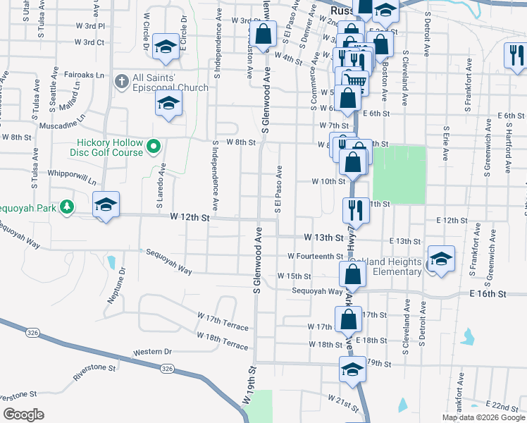 map of restaurants, bars, coffee shops, grocery stores, and more near 1117 South Glenwood Avenue in Russellville