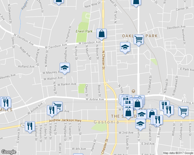 map of restaurants, bars, coffee shops, grocery stores, and more near 309 North Boyce Street in Gastonia