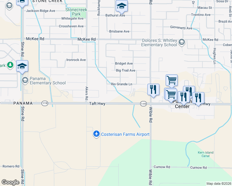 map of restaurants, bars, coffee shops, grocery stores, and more near 3703 Rio Lobo Lane in Bakersfield