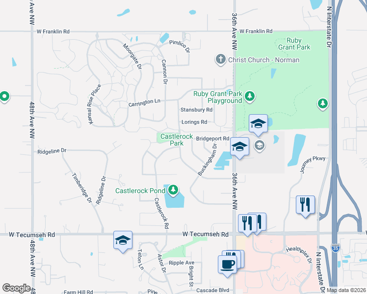 map of restaurants, bars, coffee shops, grocery stores, and more near 4012 Worthington Drive in Norman
