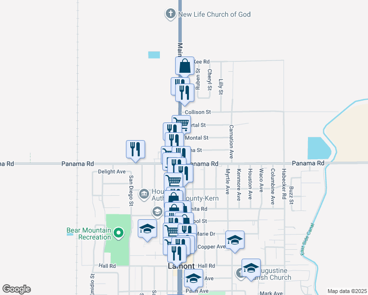 map of restaurants, bars, coffee shops, grocery stores, and more near 9517 Weedpatch Highway in Lamont