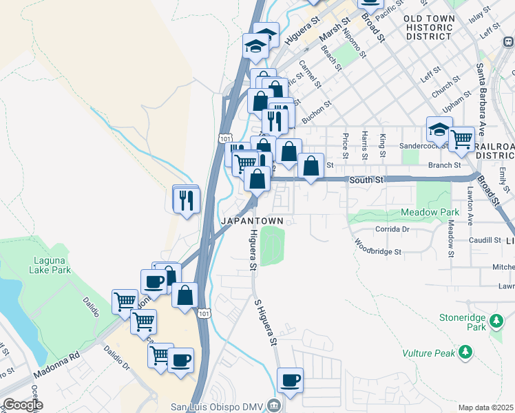 map of restaurants, bars, coffee shops, grocery stores, and more near 75 Higuera Street in San Luis Obispo