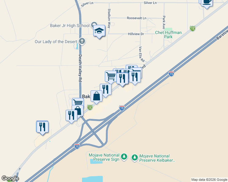 map of restaurants, bars, coffee shops, grocery stores, and more near 72327 Baker Boulevard in Baker