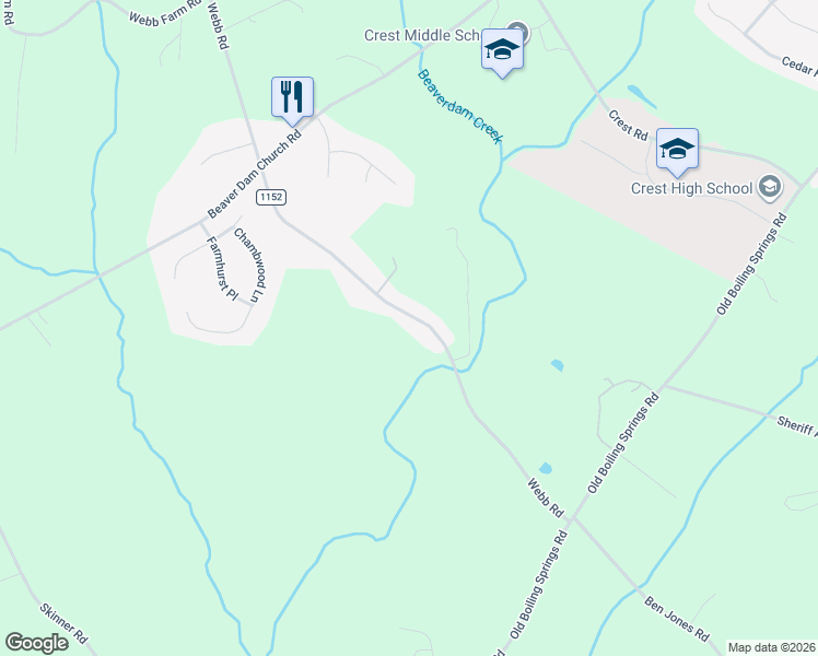 map of restaurants, bars, coffee shops, grocery stores, and more near 450 Webb Road in Shelby