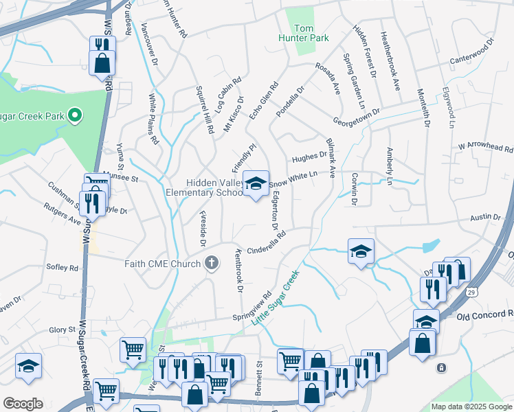 map of restaurants, bars, coffee shops, grocery stores, and more near 5100 Snow White Lane in Charlotte