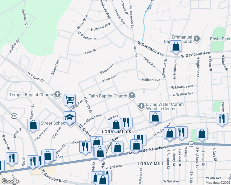 map of restaurants, bars, coffee shops, grocery stores, and more near 1206 West Mauney Avenue in Gastonia