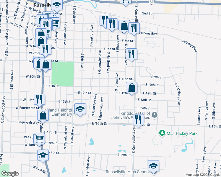 map of restaurants, bars, coffee shops, grocery stores, and more near 1101 South Hartford Avenue in Russellville