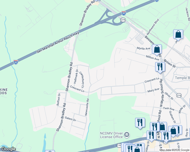 map of restaurants, bars, coffee shops, grocery stores, and more near 1017 Vancouver Lane in Gastonia