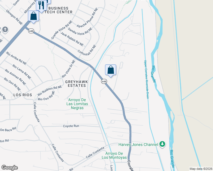 map of restaurants, bars, coffee shops, grocery stores, and more near 11 Koontz Road in Corrales