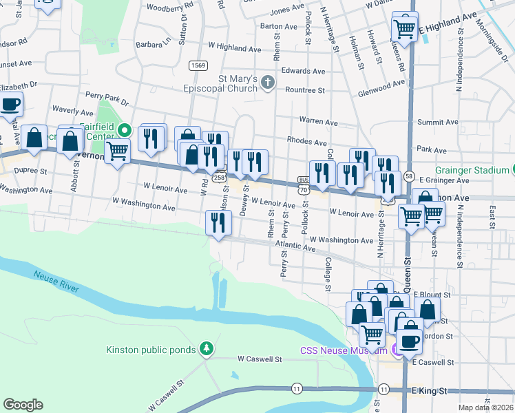 map of restaurants, bars, coffee shops, grocery stores, and more near 706 W Lenoir Ave in Kinston
