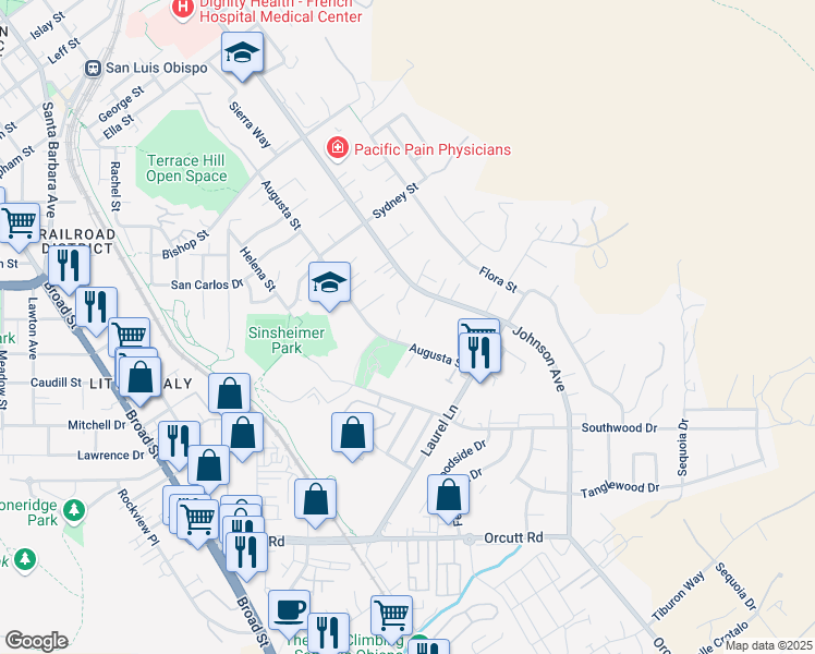map of restaurants, bars, coffee shops, grocery stores, and more near 2916 Augusta Street in San Luis Obispo