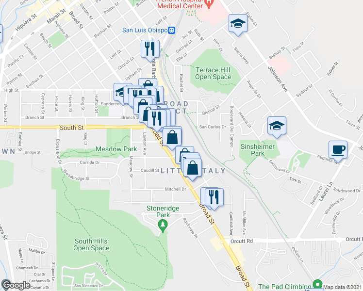 map of restaurants, bars, coffee shops, grocery stores, and more near 762 Woodbridge Street in San Luis Obispo