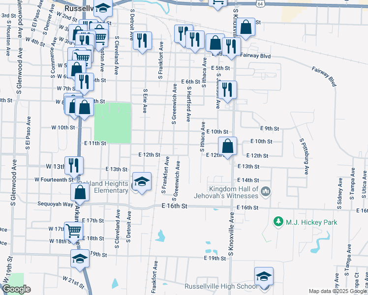 map of restaurants, bars, coffee shops, grocery stores, and more near 1101 South Hartford Avenue in Russellville
